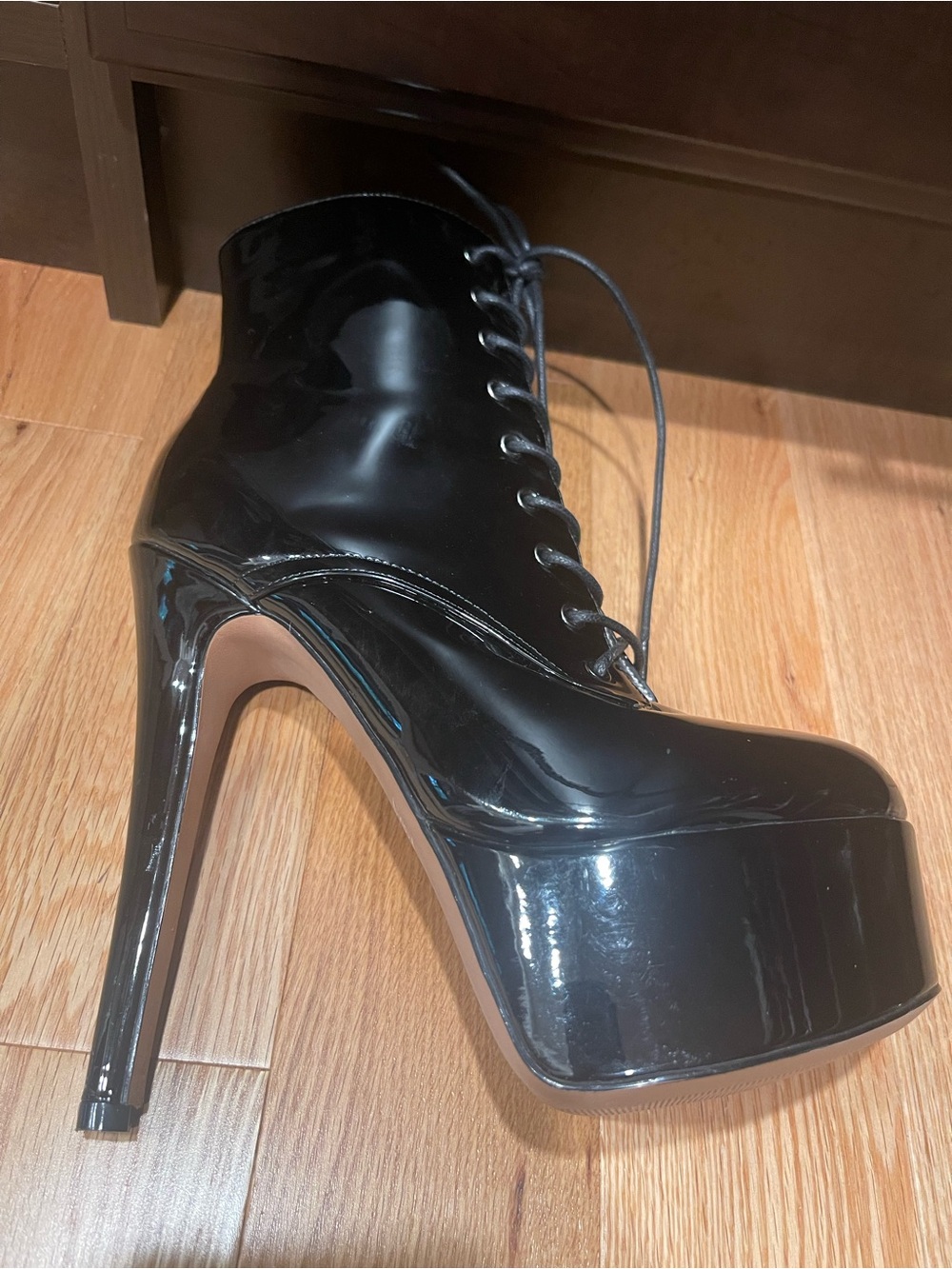 Black Patent Platform Lace-Up Ankle Boots